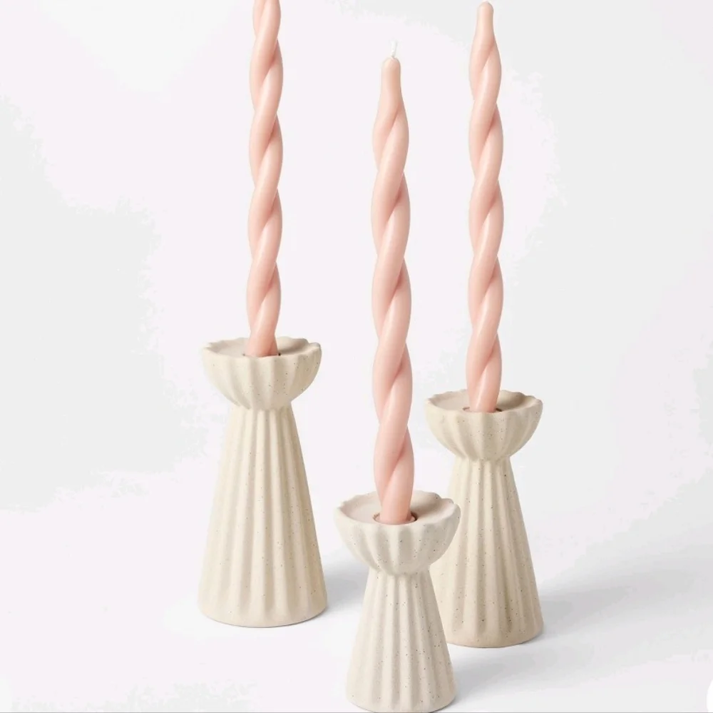 Last Day! Studio Mcgee Ceramic Ribbed Taper Candle Holders Set Beige Threshold - Picture 8 of 12